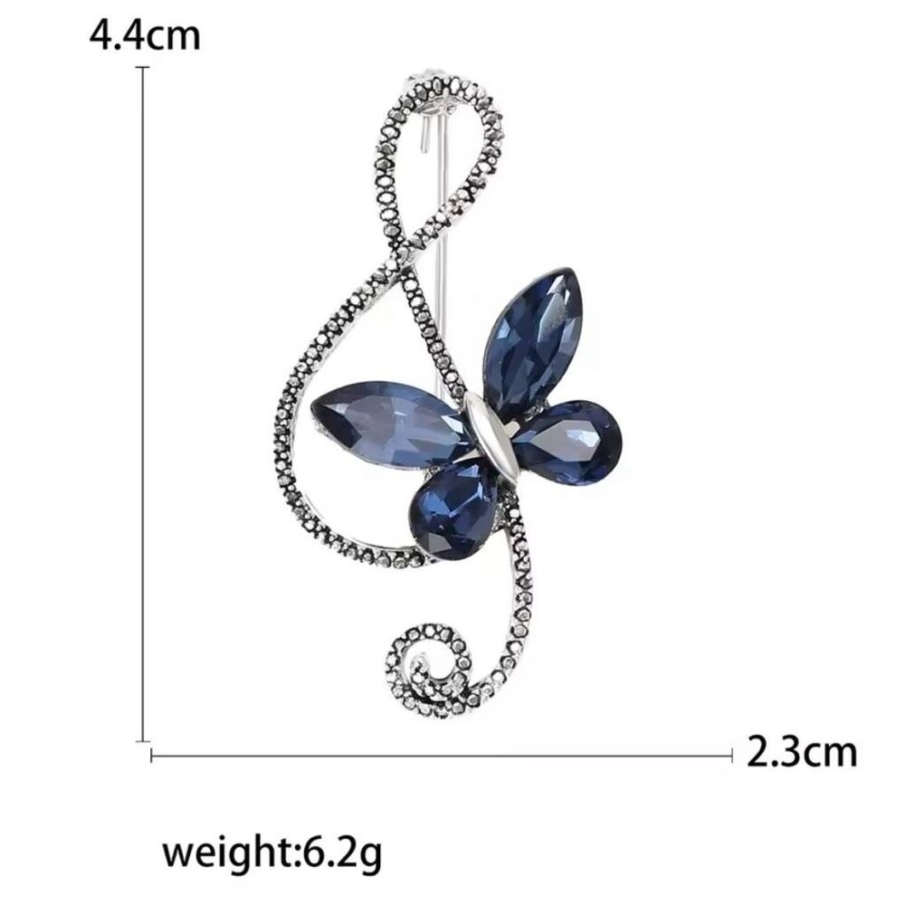 Blue Sapphire Rhinestone Butterfly Brooch Womens Casual Treble Clef Musical Pin - Picture 6 of 6